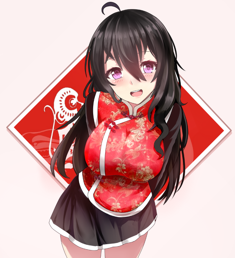 1girl :d ahoge beifeng_han black_skirt blush breasts chinese_clothes commentary_request floral_print hair_between_eyes large_breasts leaning_forward long_hair looking_at_viewer miniskirt miyaura_sanshio new_year open_mouth original skirt smile solo violet_eyes wavy_hair