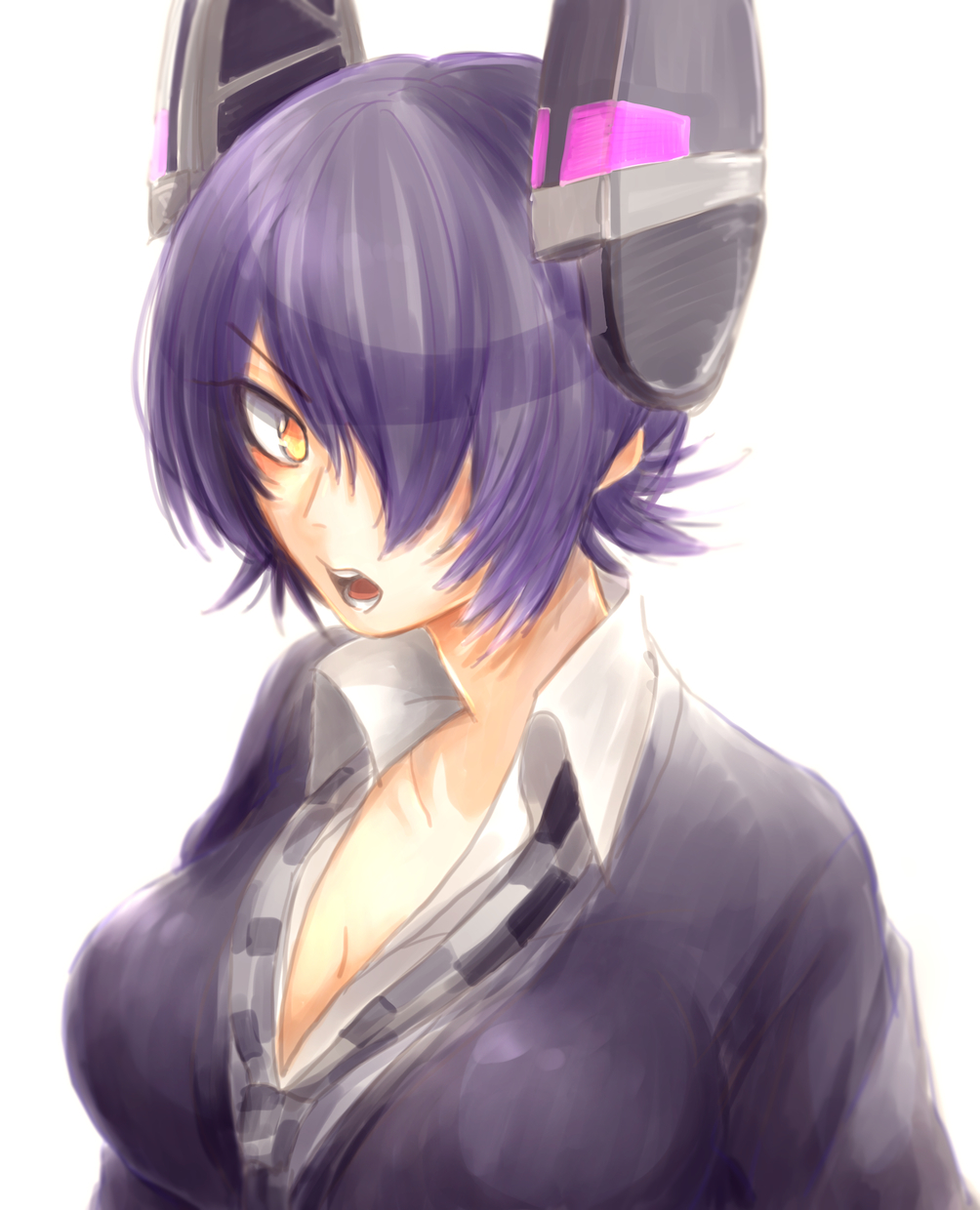 1girl breasts cleavage eyepatch headgear highres jpoxin kantai_collection looking_at_viewer necktie open_mouth purple_hair school_uniform short_hair simple_background solo tenryuu_(kantai_collection) white_background yellow_eyes