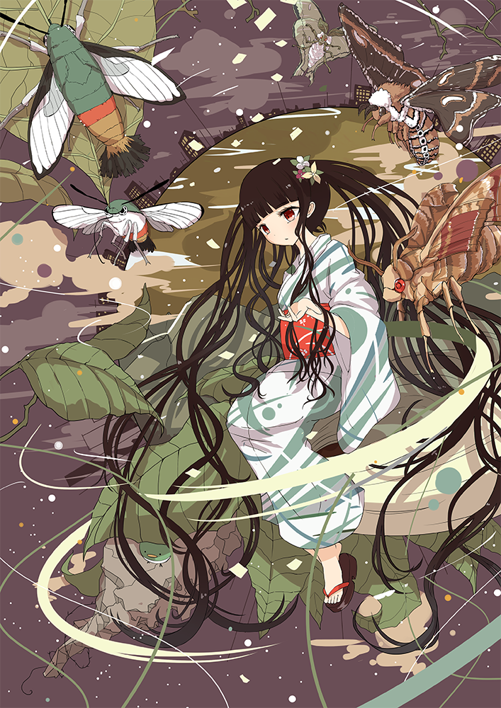 1girl abstract black_hair building floating_hair flower geta hair_flower hair_ornament insect japanese_clothes kimono leaf long_hair moth obi outstretched_hand red_eyes sakeharasu sash solo very_long_hair