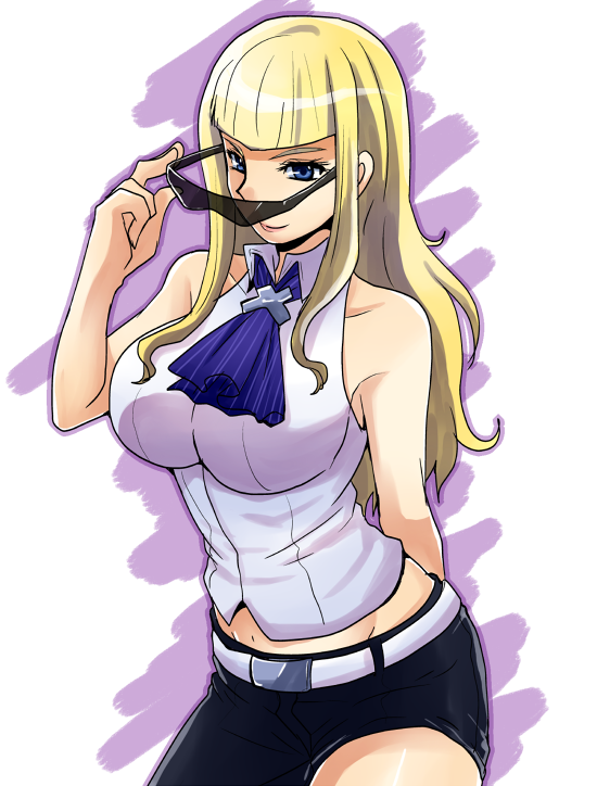 1girl belt blonde_hair blue_eyes gundam gundam_build_fighters gundam_build_fighters_try lady_kawaguchi long_hair looking_at_viewer neckerchief removing_glasses shirt sleeveless sleeveless_shirt smile solo sunglasses takanon_(nekomaruya)