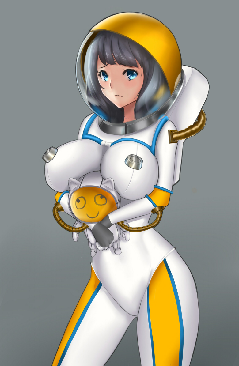 1girl :&lt; animal_ears arched_back ass_visible_through_thighs astronaut between_breasts black_hair blue_eyes blush bodysuit breasts cat_ears closed_mouth doll doll_hug embarrassed genderswap gloves grey_background helmet hose large_breasts league_of_legends legs_apart long_hair looking_at_viewer nautilus_(league_of_legends) raised_eyebrows simple_background skin_tight solo spacesuit standing vanquice white_clothes