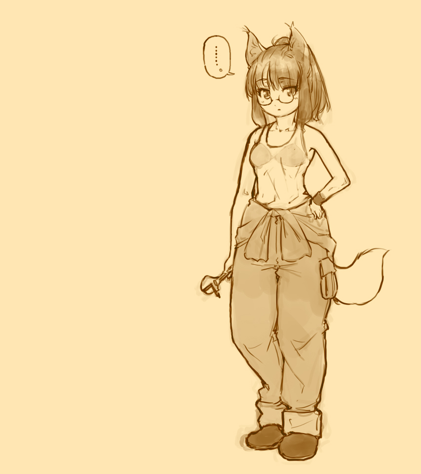 ... 1girl animal_ears glasses hand_on_hip looking_at_viewer meiz monochrome original short_hair simple_background solo tail