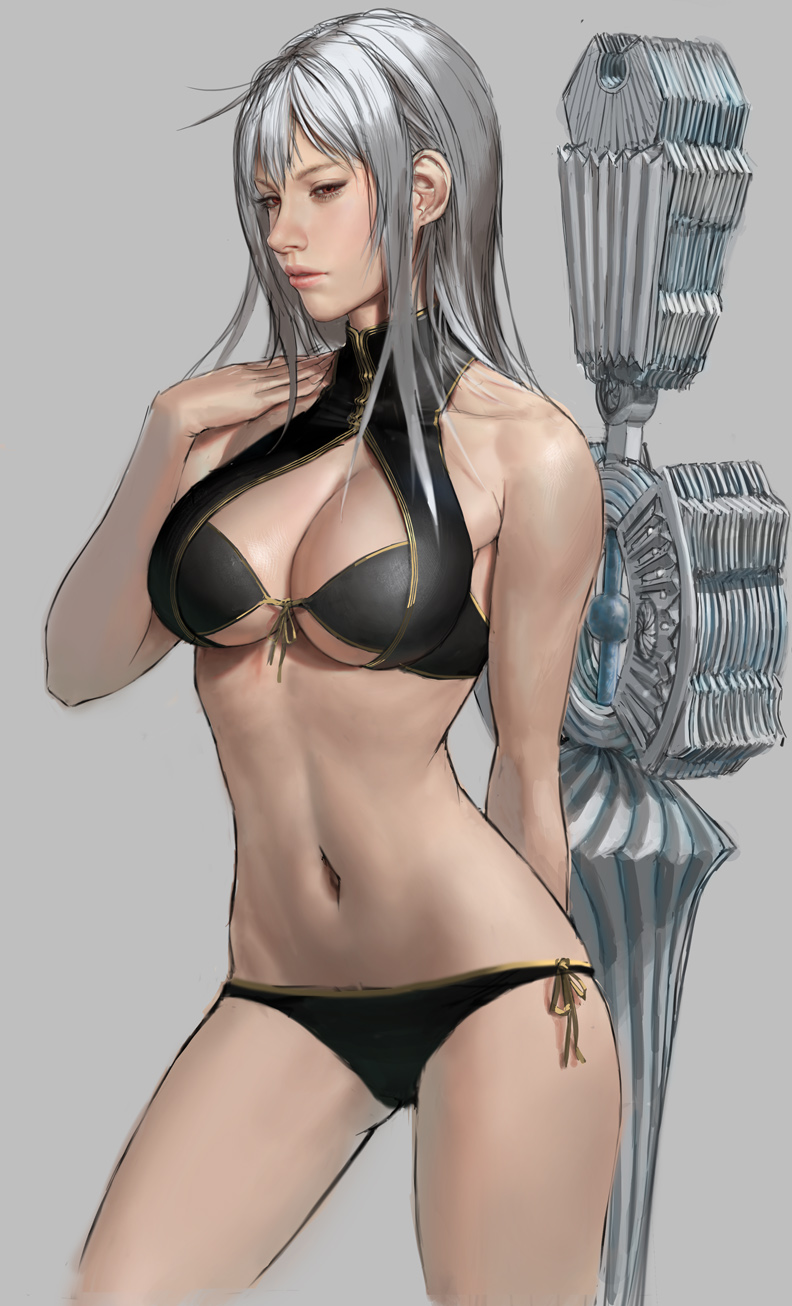 1girl breasts cleavage front-tie_top grey_background highres idnar navel selvaria_bles senjou_no_valkyria side-tie_bottom silver_hair solo underboob_cutout