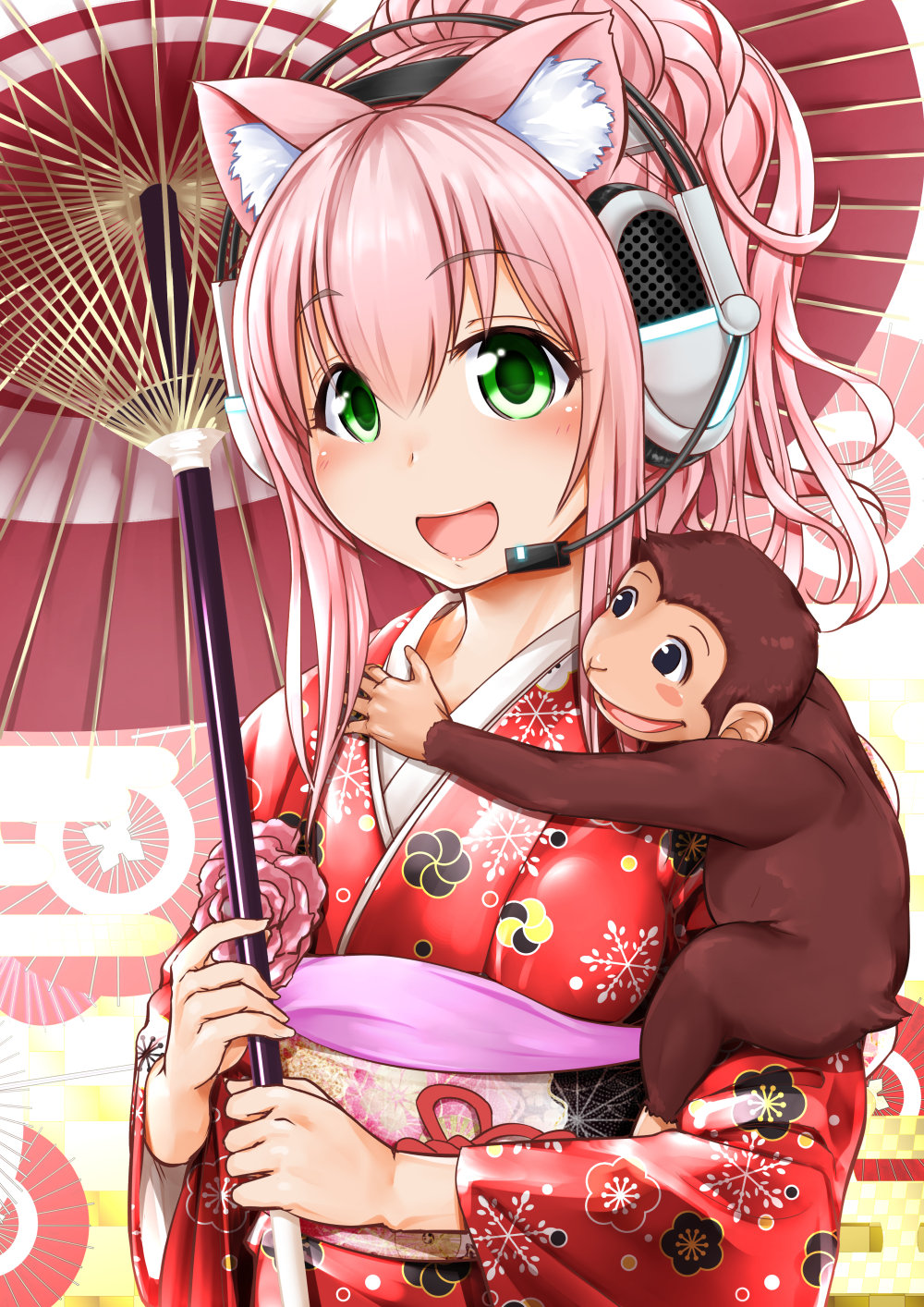 1girl alternate_hairstyle animal_ears blush cat_ears ganari_ryuu green_eyes headphones highres japanese_clothes kimono long_hair looking_at_viewer monkey nengajou new_year open_mouth oriental_umbrella pink_hair smile solo super_tama_musume tamatoys umbrella