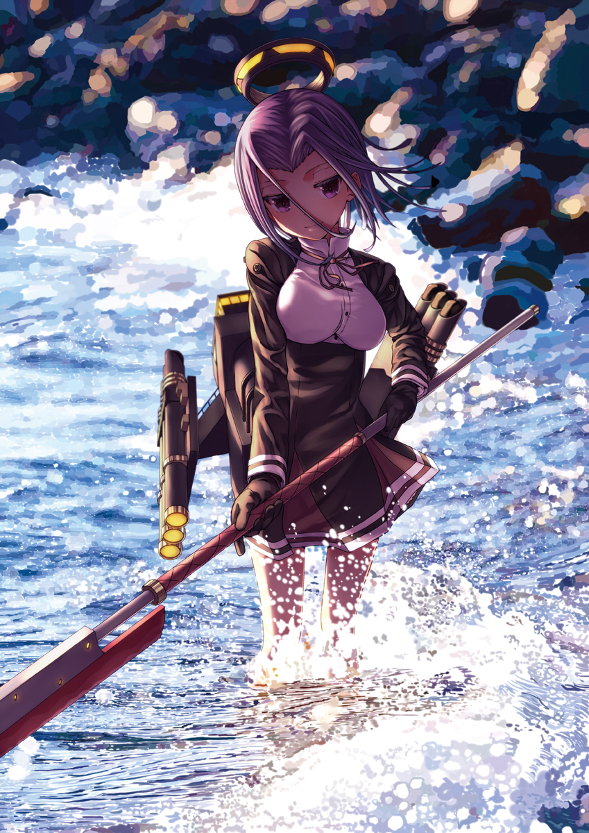 1girl bangs black_gloves breasts buttons dress glaive gloves hair_between_eyes head_tilt headgear highres holding_weapon kantai_collection large_breasts legs_apart long_sleeves looking_at_viewer machinery mechanical_halo mocha ocean parted_bangs purple_hair purple_ribbon ribbon short_dress short_hair smile solo standing tatsuta_(kantai_collection) violet_eyes wading waves yellow_eyes
