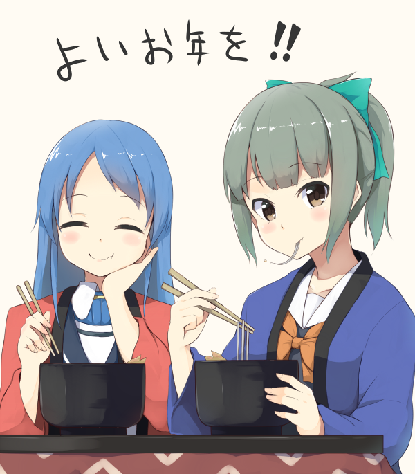 !! 2girls :t aqua_bow bangs beige_background blue_hair blush bow bowl bowtie brown_eyes chin_rest chopsticks closed_eyes collarbone eating food green_hair hair_bow hair_ornament hair_ribbon hand_on_own_cheek kantai_collection kotatsu long_hair long_sleeves looking_at_viewer mouth_hold multiple_girls no_gloves noodles orange_bow ponytail ramen ribbon samidare_(kantai_collection) school_uniform serafuku short_hair sidelocks simple_background sitting smile sui_(tsuruhibiki) swept_bangs table translation_request upper_body yuubari_(kantai_collection)