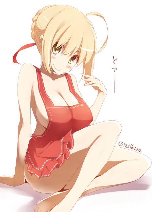 1girl ahoge alternate_costume apron arm_support bare_legs bare_shoulders blonde_hair blush breasts cleavage fate/extra fate_(series) green_eyes hair_ribbon kurikara large_breasts looking_at_viewer naked_apron red_apron ribbon saber_extra sideboob simple_background sitting smile solo twitter_username white_background