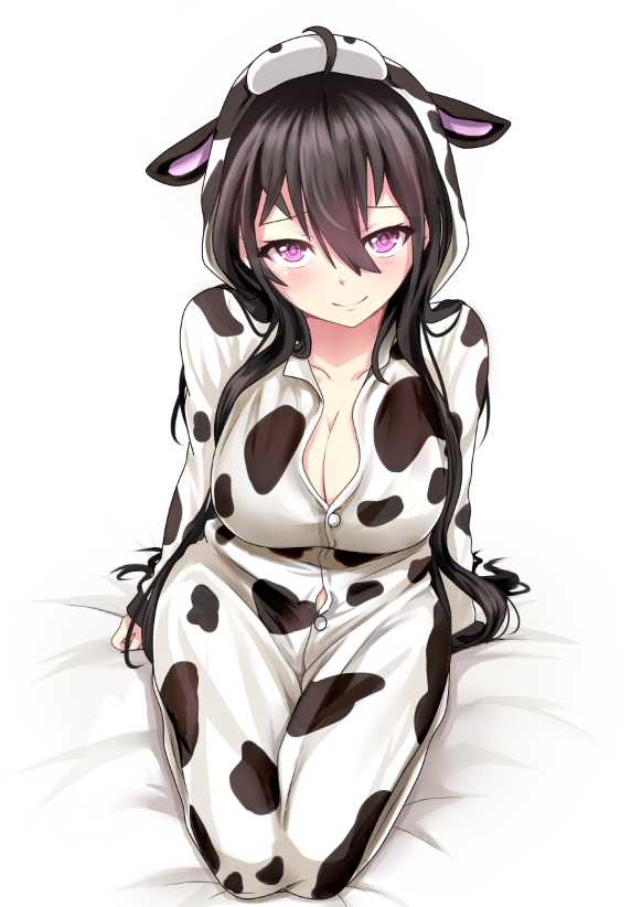 1girl beifeng_han black_hair blush breasts cleavage cow_hood cow_print large_breasts long_hair looking_at_viewer miyaura_sanshio original sitting smile solo violet_eyes wariza