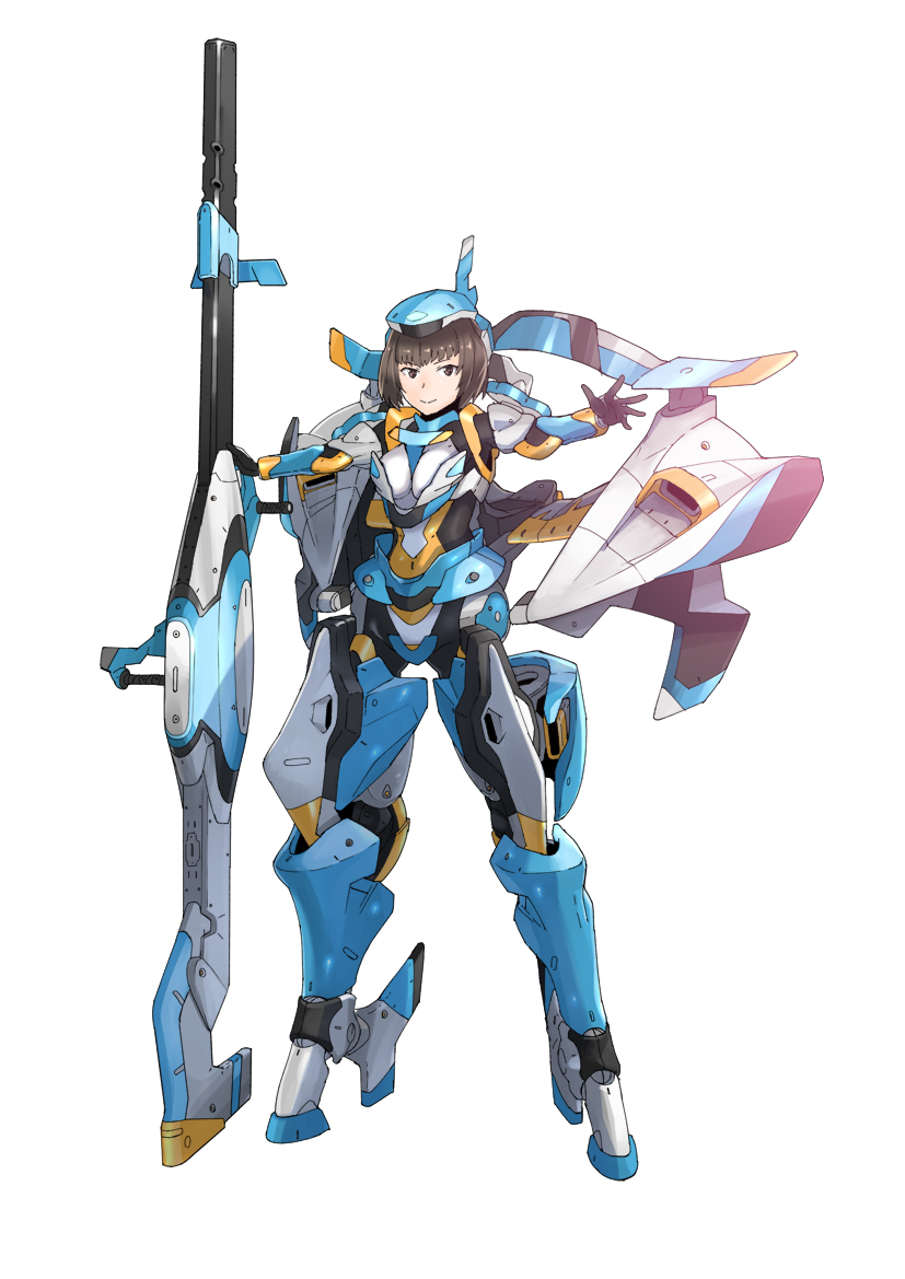 1girl armor brown_eyes brown_hair engine exoskeleton gun helmet jack_hamster mecha_musume outstretched_arm rifle short_hair simple_background smile weapon white_background