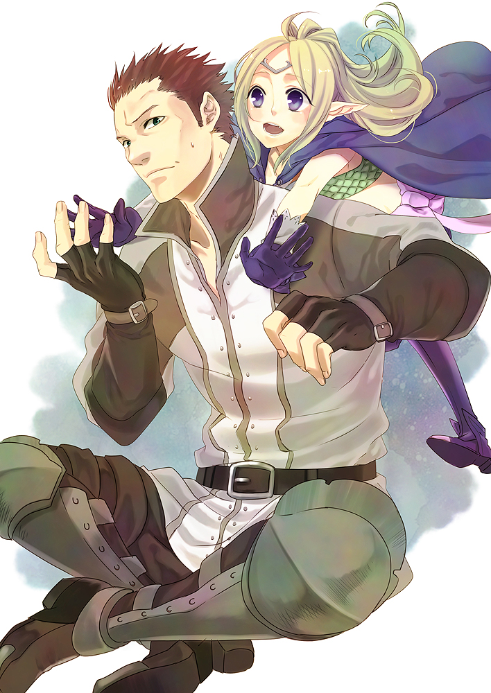 1boy 1girl blonde_hair brown_hair cape circlet fire_emblem fire_emblem:_kakusei gloves grego hana_(interstice) hug hug_from_behind long_hair nowi_(fire_emblem) open_mouth pointy_ears short_hair smile