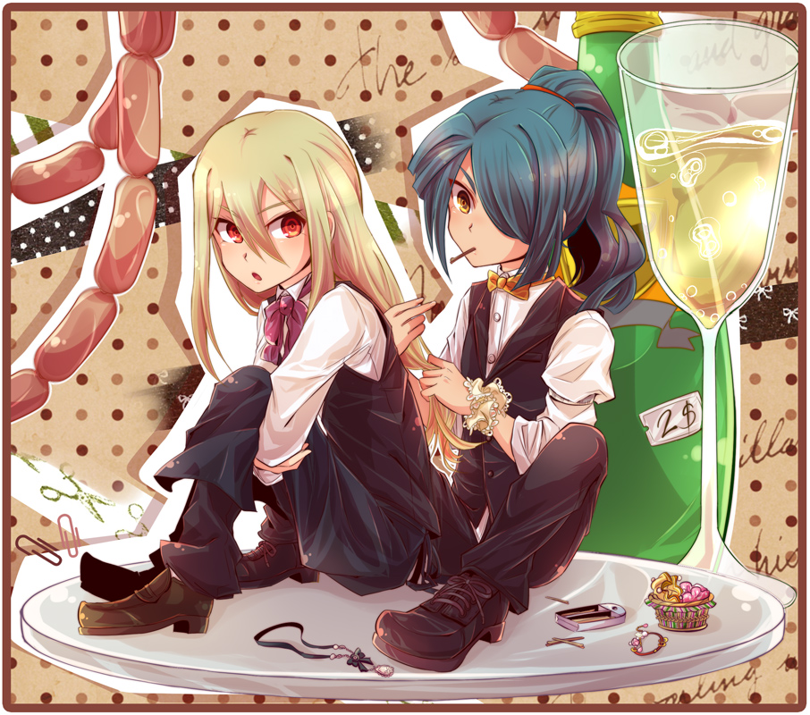 2boys adjusting_another's_hair alcohol blonde_hair blue_hair bowtie brown_eyes champagne hair_over_one_eye inazuma_eleven inazuma_eleven_(series) inumaru_akagi kazemaru_ichirouta long_hair male_focus multiple_boys ponytail red_eyes sausage shoes vest