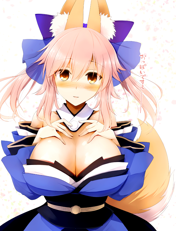 1girl animal_ears bare_shoulders blush bow breast_suppress breasts caster_(fate/extra) cleavage detached_sleeves fate/extra fate_(series) fox_ears fox_tail hair_bow hair_ribbon hand_on_own_chest japanese_clothes kurikara large_breasts looking_at_viewer pink_hair ribbon smile solo tail translated twintails yellow_eyes