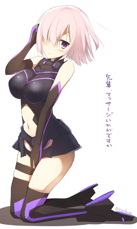 1girl armor armored_dress bare_shoulders black_legwear blush breasts elbow_gloves fate/grand_order fate_(series) gloves hair_over_one_eye hair_tucking kurikara large_breasts looking_at_viewer navel pink_hair shielder_(fate/grand_order) short_hair smile solo thigh-highs translation_request twitter_username violet_eyes