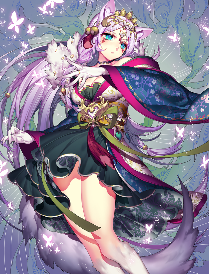 1girl amulet animal_ears bangs bare_shoulders bell blue_eyes braid breasts bridal_gauntlets butterfly choker circlet cleavage earrings facial_mark fingernails floral_print frills frown fur gloves glowing glowing_butterfly green_ribbon hair_bell hair_ornament heart japanese_clothes jewelry kimono long_fingernails long_hair looking_away looking_to_the_side magatama multicolored_skin obi off_shoulder parted_bangs pika_(kai9464) print_kimono purple_hair red_ribbon ribbon ring sash sharp_fingernails short_kimono soccer_spirits solo tail very_long_hair white_gloves white_skin