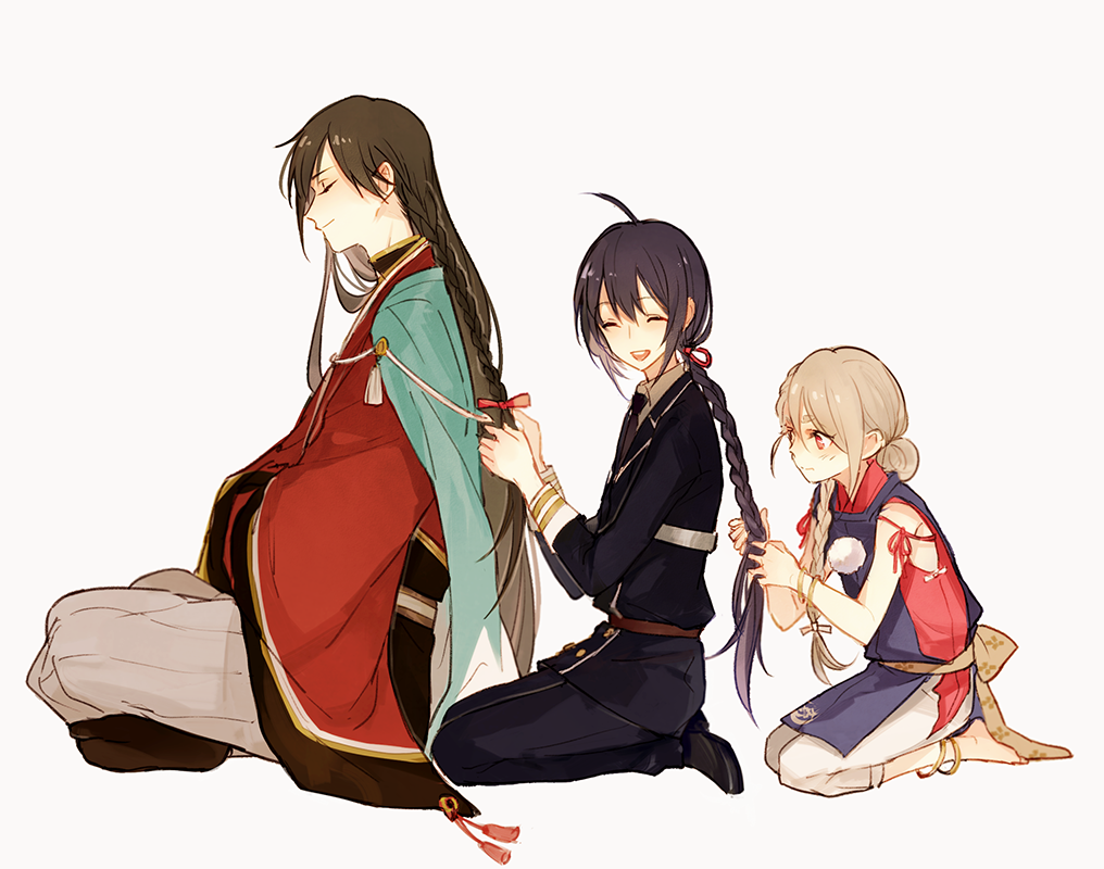 3boys ^_^ ahoge alternate_hairstyle black_hair braid braiding_hair closed_eyes hairdressing ima-no-tsurugi indian_style izumi-no-kami_kanesada japanese_clothes male_focus military military_uniform multiple_boys namazuo_toushirou necktie open_mouth red_eyes seiza single_braid sitting smile touken_ranbu uniform white_hair wonkrin