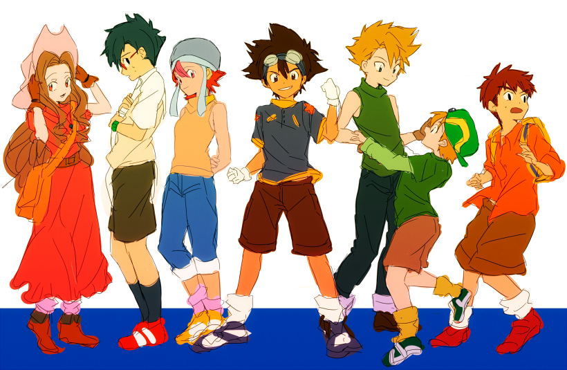 2girls 5boys backpack bag blonde_hair blue_hair brown_eyes brown_gloves brown_hair brown_shorts chokota clenched_hands digimon digimon_adventure glasses gloves goggles goggles_on_head hat holding holding_hands holding_hat ishida_yamato izumi_koushirou kido_jou lineup long_hair looking_at_another looking_at_viewer multiple_boys multiple_girls red_eyes redhead short_hair sweatdrop tachikawa_mimi takaishi_takeru takenouchi_sora white_gloves yagami_taichi