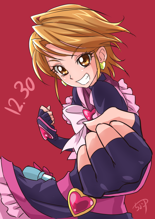 1girl black_gloves black_skirt bow brooch brown_eyes brown_hair chocokin clenched_hand cure_black dated earrings fighting_stance fingerless_gloves frills futari_wa_precure gloves grin heart heart_earrings jewelry looking_at_viewer magical_girl misumi_nagisa precure red_background short_hair signature skirt smile solo teeth white_bow
