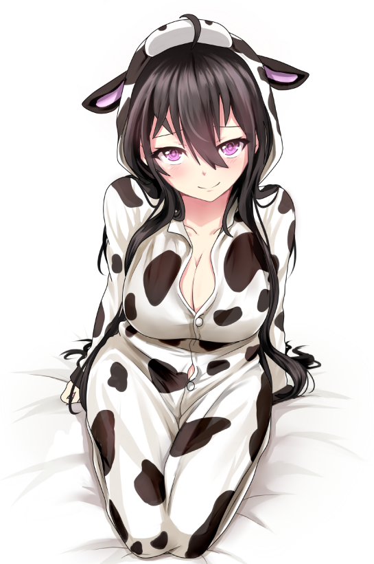 1girl beifeng_han black_hair blush breasts cleavage cow_hood cow_print large_breasts long_hair looking_at_viewer miyaura_sanshio original sitting smile solo violet_eyes wariza