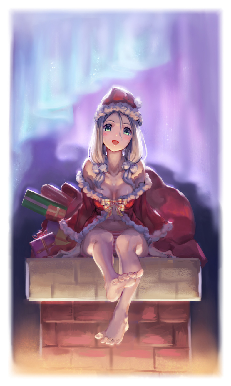 1girl aurora bare_shoulders barefoot blonde_hair blush box chimney christmas coat collarbone ecens feet gift gift_box green_eyes hat highres legs long_hair navel night original panties sack santa_hat sitting smile soles solo striped striped_panties toes twintails underwear