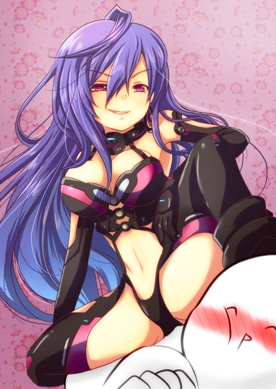 1girl blue_hair breasts cleavage elbow_gloves gloves iris_heart long_hair looking_at_viewer nabenofutahiwa navel neptune_(series) purple_hair pururut red_eyes smile symbol-shaped_pupils very_long_hair