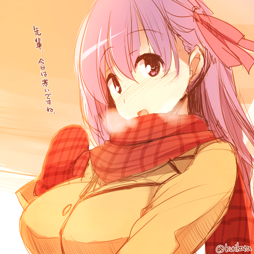 1girl :d blush fate/stay_night fate_(series) hair_ribbon heavy_breathing kurikara long_hair looking_at_viewer lowres matou_sakura mittens nose_blush open_mouth purple_hair red_scarf ribbon scarf smile solo translation_request upper_body violet_eyes