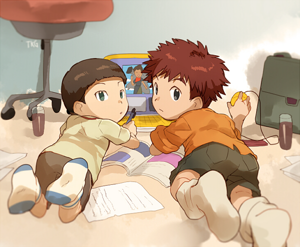 2boys artist_name bowl_cut brown_hair chair child computer cup digimon digimon_adventure digimon_adventure_02 drinking_glass from_behind green_eyes grey_eyes hida_iori izumi_koushirou laptop looking_at_viewer lying magazine messy_room multiple_boys on_floor on_stomach shorts socks spiky_hair t_k_g time_paradox
