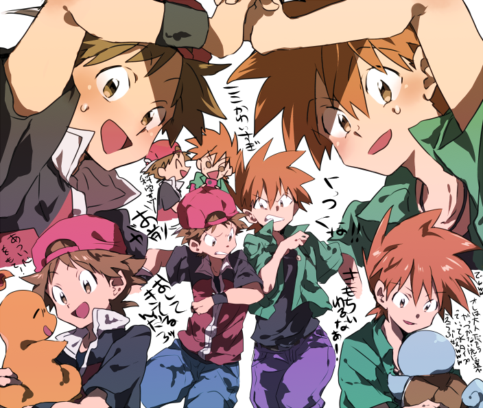 2boys armband backwards_hat baseball_cap brown_eyes brown_hair charmander chokota expressions hat holding jacket looking_at_another male_focus multiple_boys ookido_green open_clothes open_jacket pokemon pokemon:_the_origin pokemon_(creature) red_(pokemon) red_(pokemon)_(remake) squirtle sweatdrop translation_request