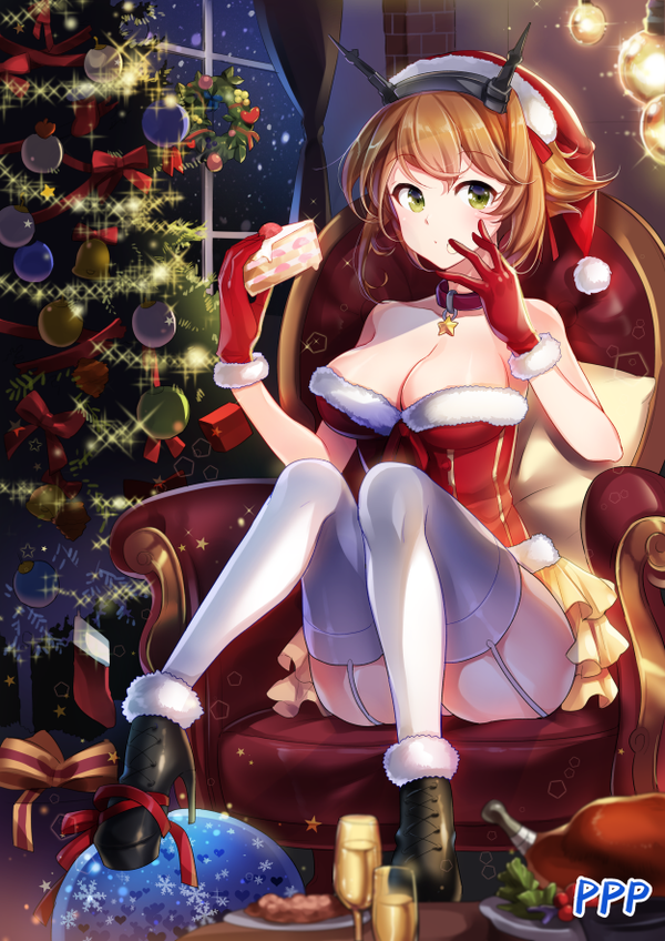 1girl :o bare_shoulders boots breasts brown_hair cake choker christmas christmas_tree cleavage drink food garter_straps gloves green_eyes hat kantai_collection mutsu_(kantai_collection) red_gloves red_hat ribbon santa_hat short_hair sitting solo songmil thigh-highs white_legwear