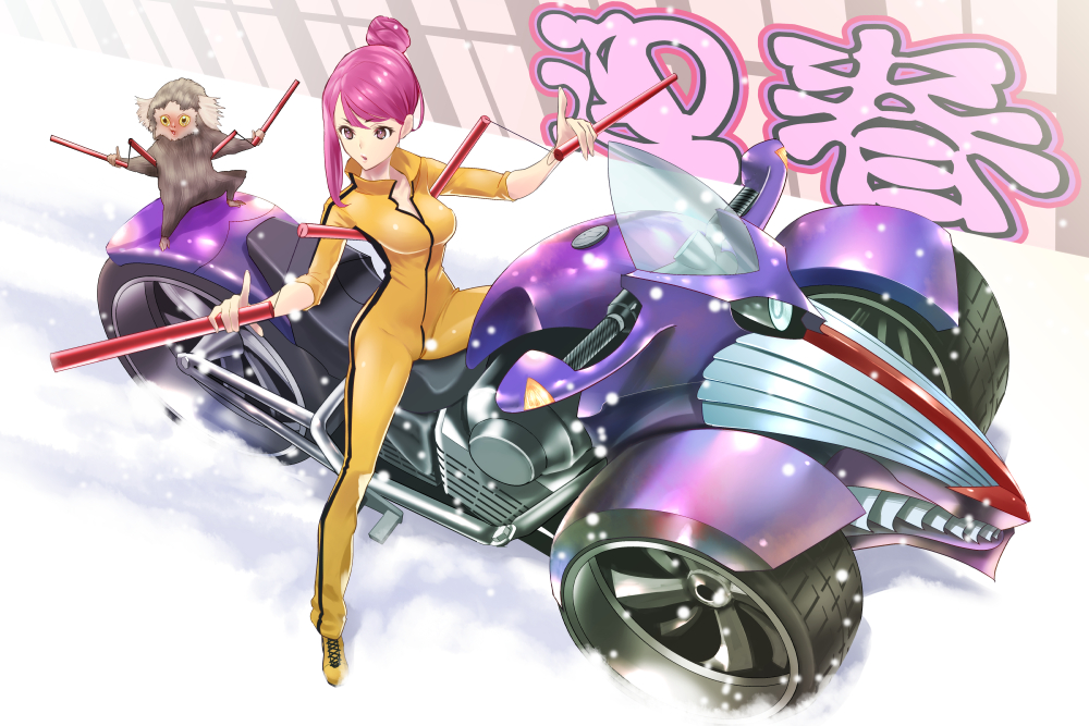 1girl animal bangs bodysuit bruce_lee's_jumpsuit crimson_(cxrss377) cross-laced_footwear dual_wielding from_above hair_bun index_finger_raised japanese long_hair looking_away monkey motor_vehicle nengajou new_year nunchaku original outdoors pink_hair riding shoes sleeves_rolled_up sneakers snow snowing solo swept_bangs text vehicle weapon yellow_shoes