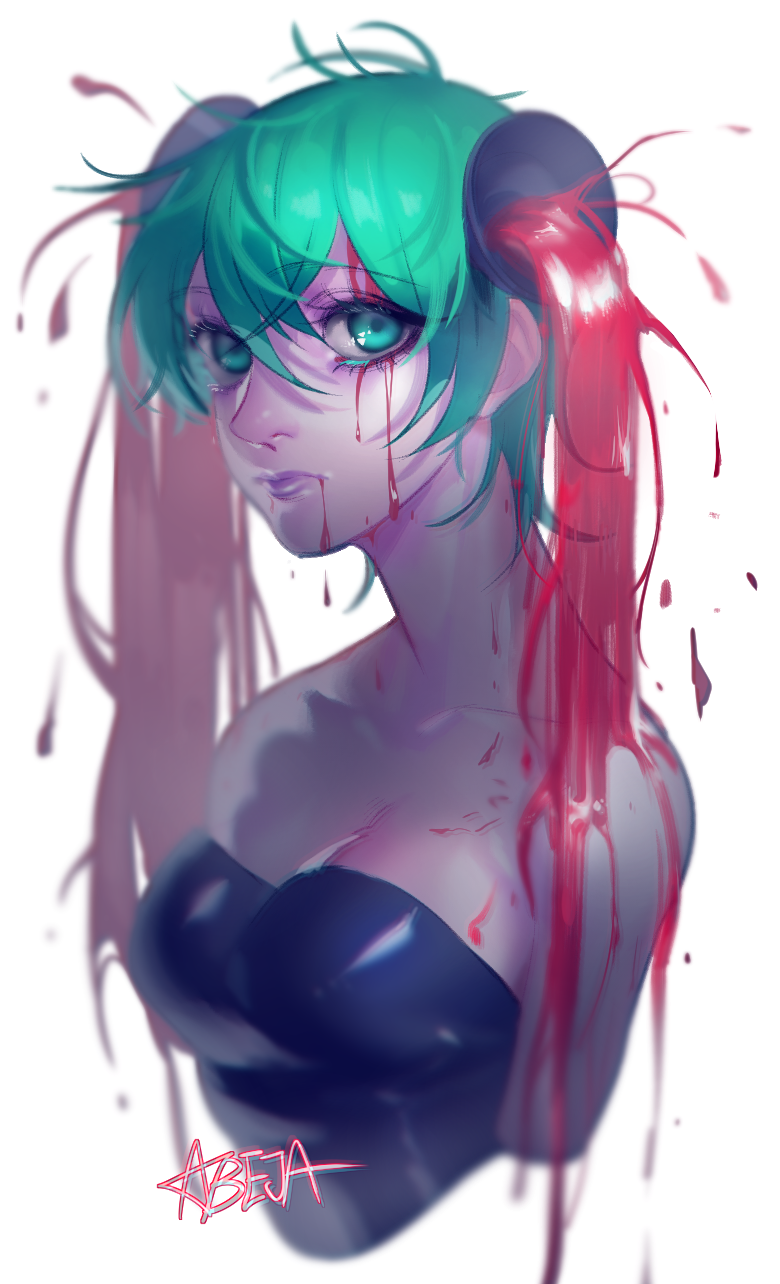 1girl abeja artist_name blood fountain green_eyes green_hair hatsune_miku highres looking_at_viewer solo strapless twintails upper_body vocaloid
