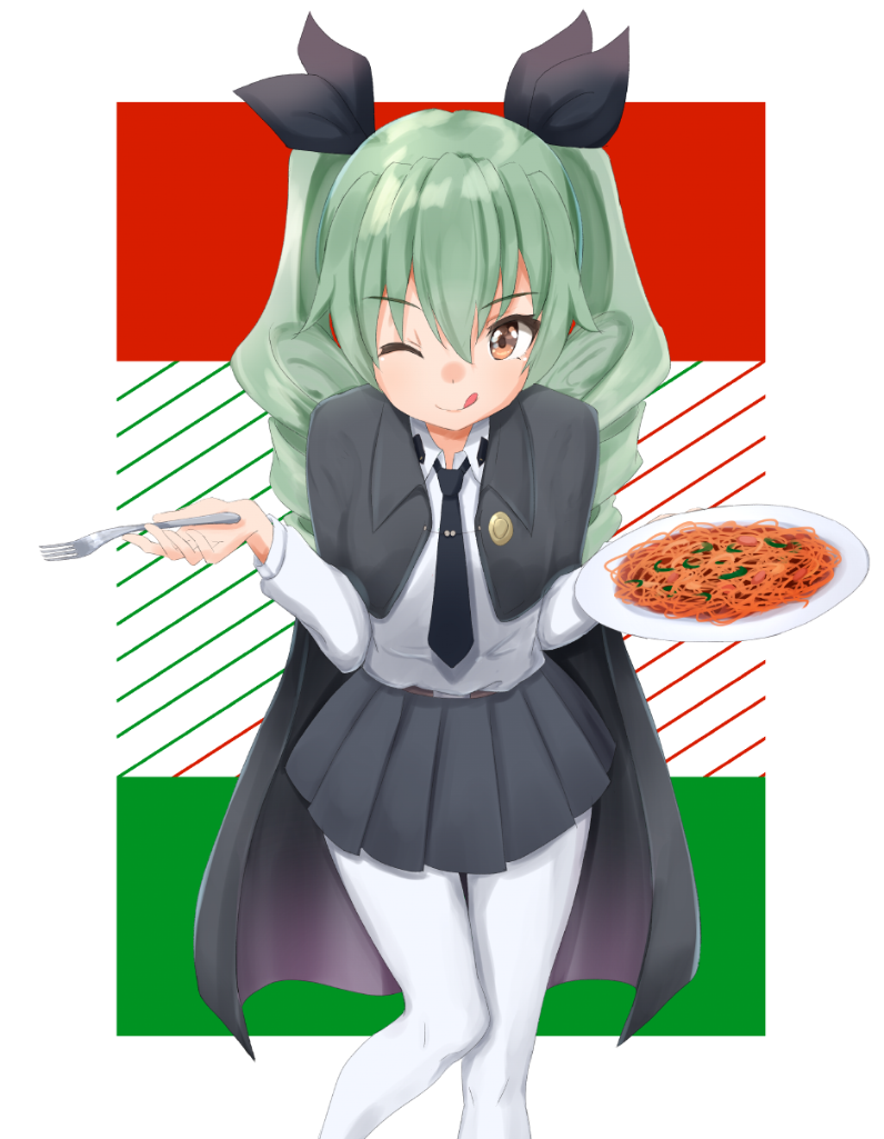 1girl ame. anchovy brown_eyes cape drill_hair food fork girls_und_panzer green_hair long_hair necktie one_eye_closed pantyhose pasta spaghetti twin_drills twintails