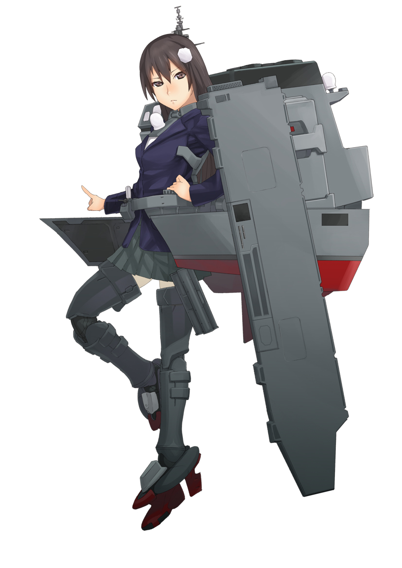 1girl antennae armored_boots brown_eyes brown_hair chimney hair_ornament hand_on_hip jack_hamster kantai_collection long_hair personification rudder_shoes simple_background solo uniform