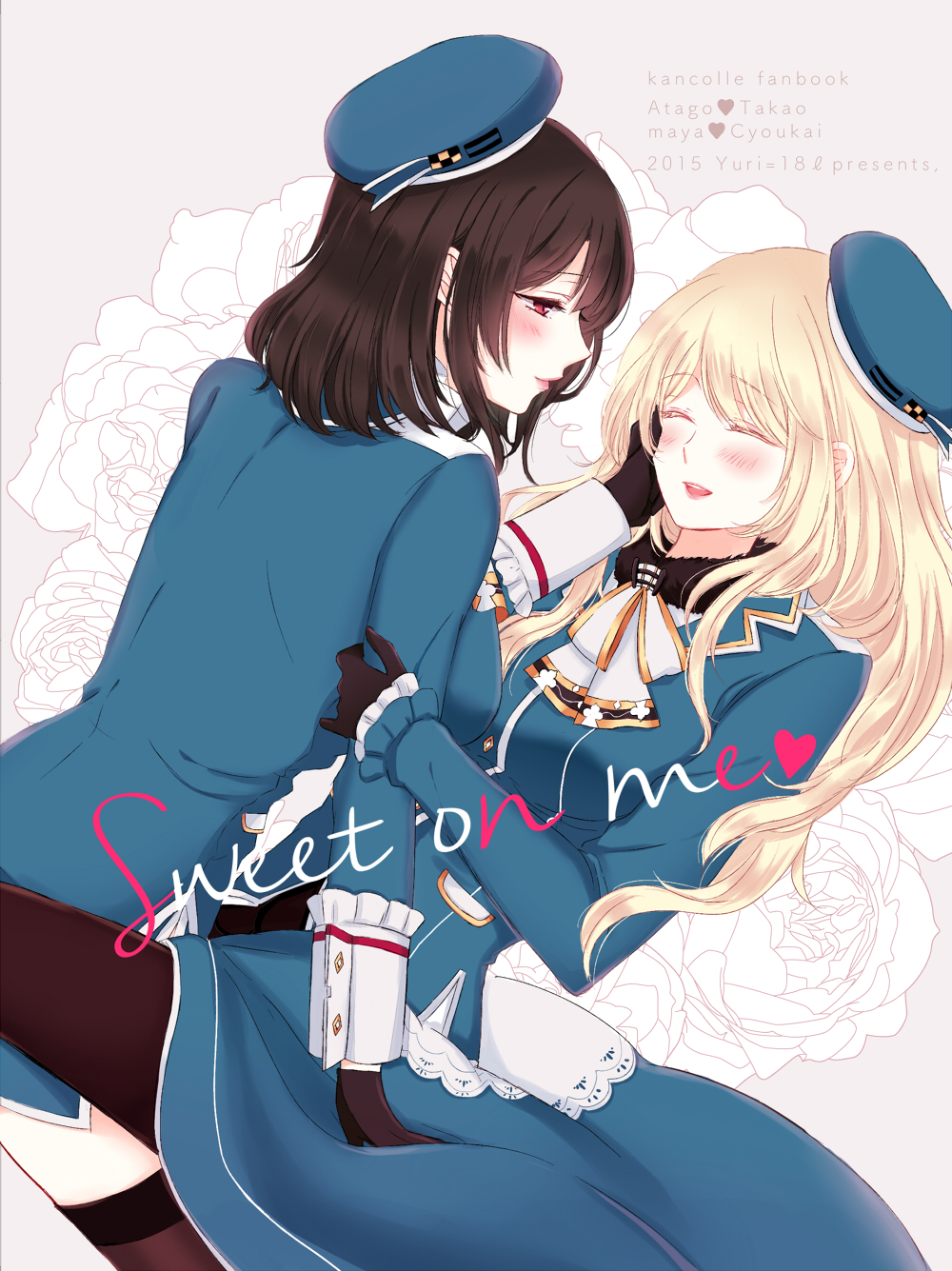 2girls atago_(kantai_collection) beret black_hair blonde_hair blush closed_eyes cover cover_page doujin_cover english hand_on_another's_face hat highres kantai_collection long_hair looking_at_another multiple_girls pantyhose red_eyes short_hair sui_(camellia) takao_(kantai_collection) thigh-highs uniform yuri