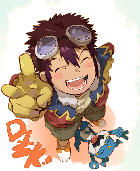 1boy blue_background blush brown_hair character_name closed_eyes digimon digimon_adventure_02 fangs from_above gloves goggles goggles_on_head hand_on_hip jacket male_focus motomiya_daisuke open_clothes open_jacket shoes short_hair shorts simple_background smile sneakers spiky_hair t_k_g tan_skin v veemon yellow_gloves