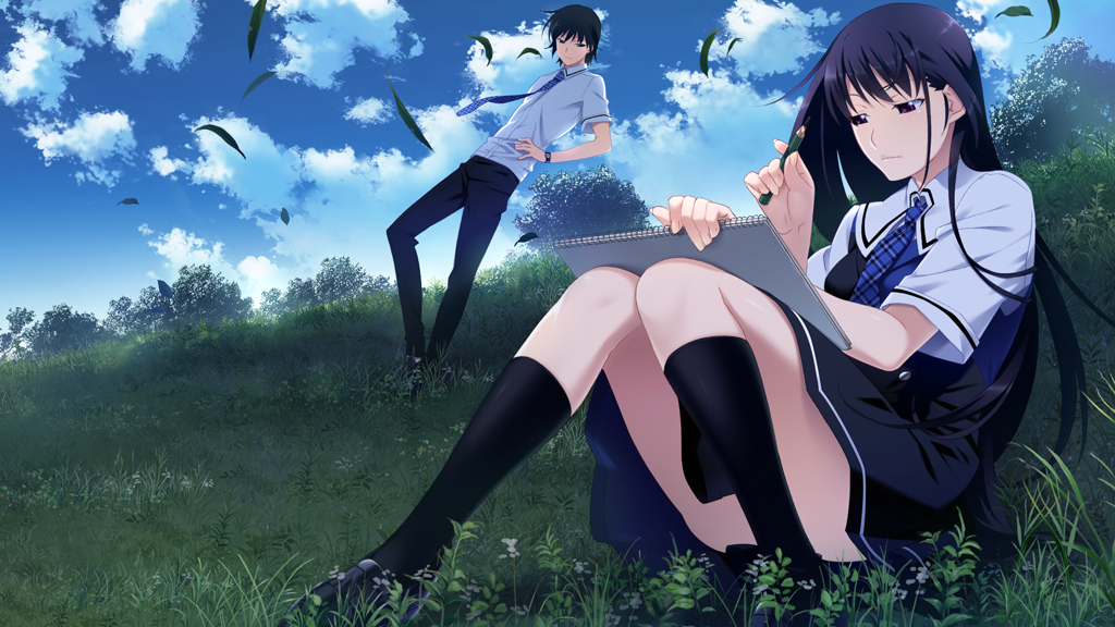 1boy 1girl black_hair black_legwear blue_necktie drawing_board grass grisaia_no_kajitsu hand_on_hip holding_pen kazami_yuuji long_hair necktie outdoors sakaki_yumiko school_uniform sitting socks violet_eyes