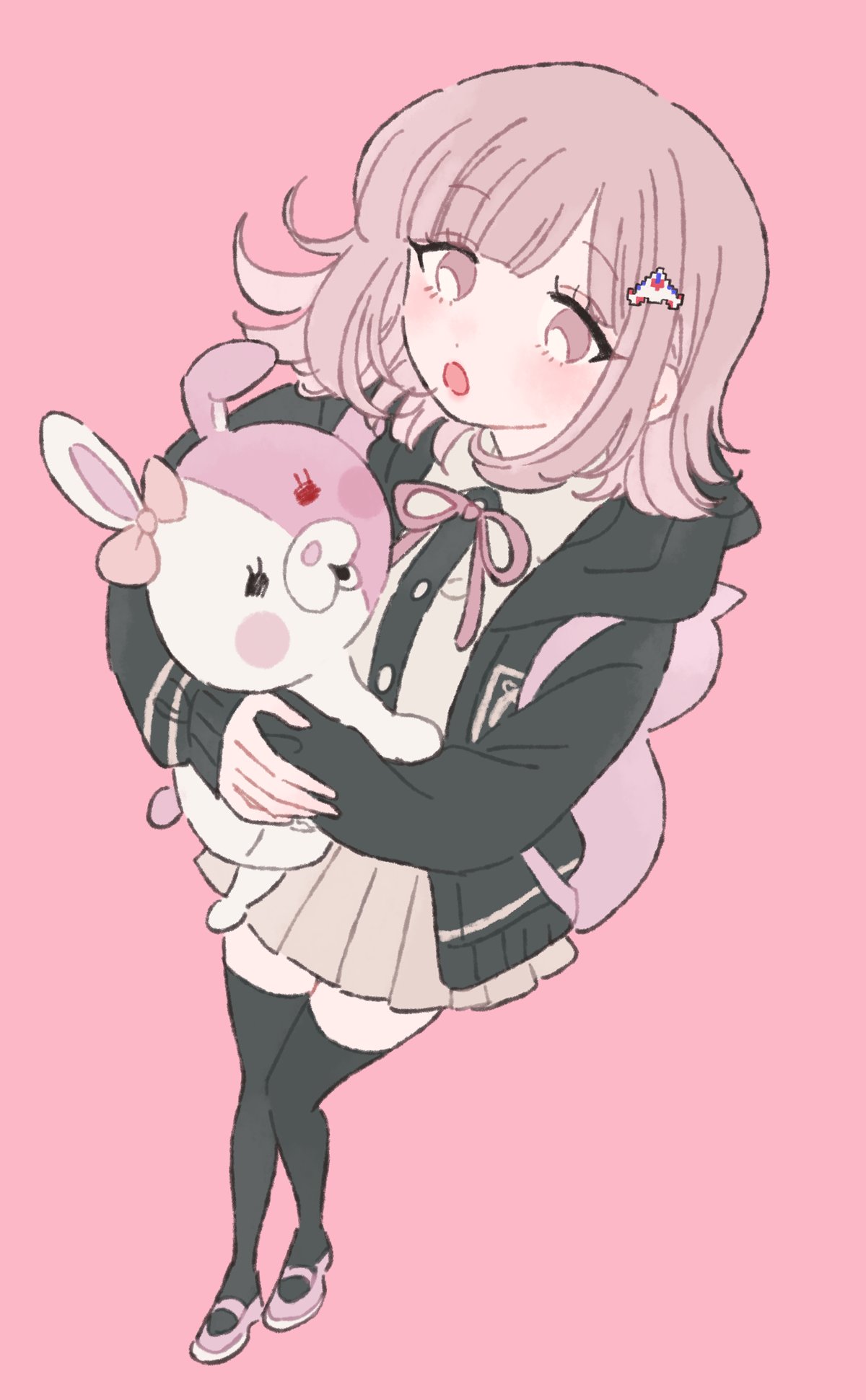 1girl :o animal_bag backpack bag bangs blunt_bangs blush cat_bag collared_shirt danganronpa_(series) danganronpa_2:_goodbye_despair doll_hug flipped_hair from_above highres hood hoodie hug looking_up mary_janes medium_hair monomi_(danganronpa) nanami_chiaki neck_ribbon object_hug pink_eyes pink_hair pleated_skirt ribbon rikuwo shirt shoes skirt sleeves_past_wrists solo stuffed_toy thigh-highs