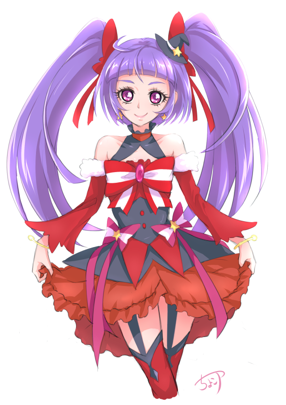 1girl bow chocokin cowboy_shot cure_magical detached_sleeves hair_bow hat izayoi_liko long_hair looking_at_viewer magical_girl mahou_girls_precure! mini_hat precure purple_hair red_bow red_legwear red_skirt ruby_style signature skirt skirt_lift smile solo striped striped_bow thigh-highs thigh_strap twintails violet_eyes white_background