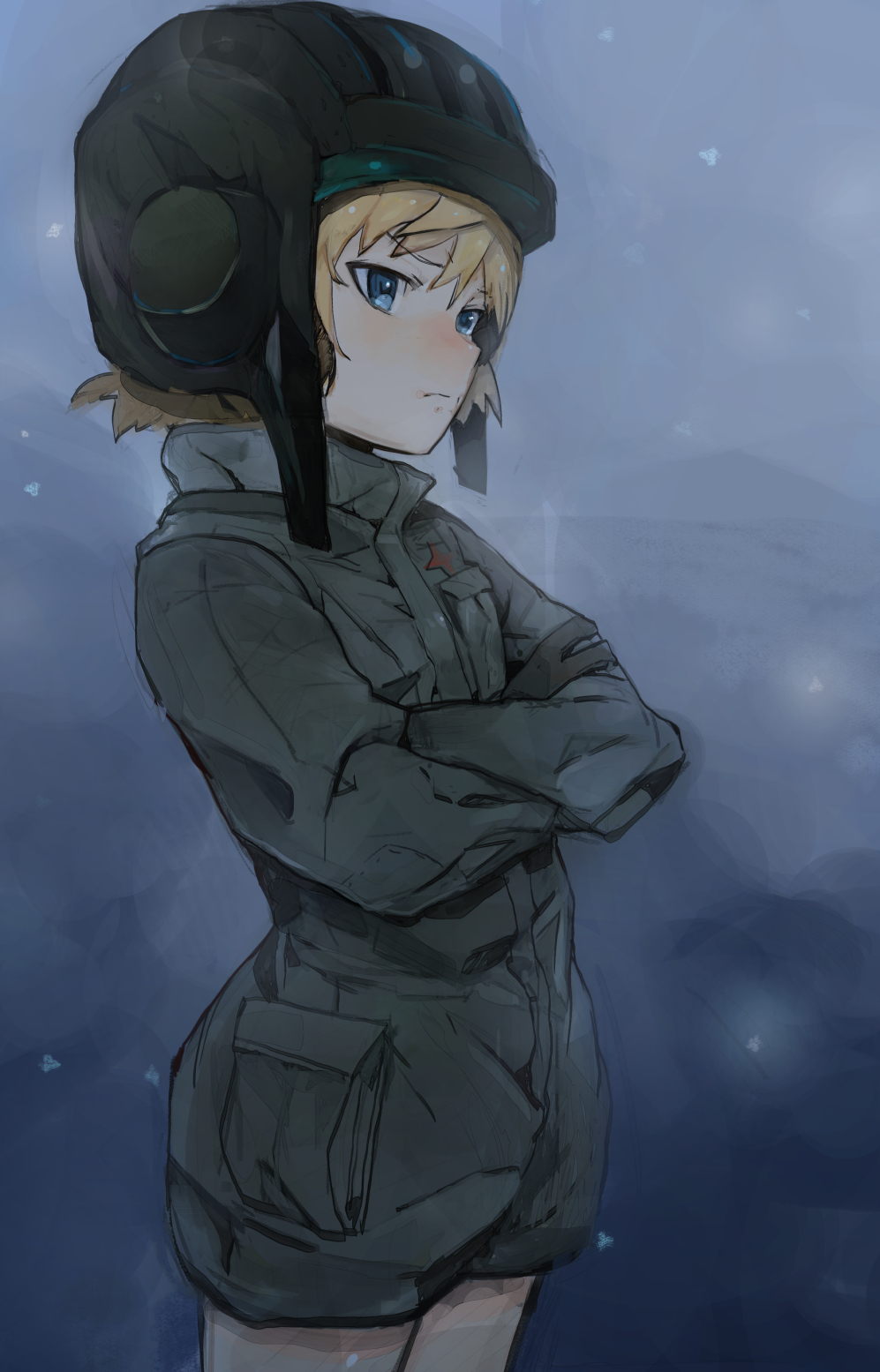 1girl blonde_hair blue_eyes cowboy_shot crossed_arms from_side girls_und_panzer gloves helmet highres hiranko katyusha looking_away night short_hair short_jumpsuit sketch snow solo standing