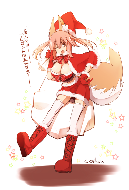 1girl ;d alternate_costume animal_ears bowtie breasts capelet caster_(fate/extra) check_translation christmas cleavage fang fate/extra fate_(series) fox_ears fox_tail gloves kurikara large_breasts looking_at_viewer one_eye_closed open_mouth pink_hair red_gloves sack santa_costume smile solo star tail thigh-highs translation_request twitter_username white_legwear yellow_eyes zettai_ryouiki