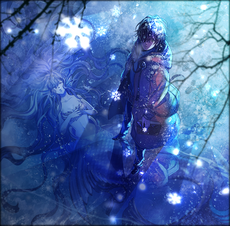 1boy 1girl air_bubble arms_at_sides bangs black_border black_hair blue blurry book border branch breasts cleavage closed_eyes coat depth_of_field fantasy footprints from_above frozen frozen_lake glowing hair_over_one_eye hands_on_own_chest head_fins holding holding_book hooded_jacket ice legs_apart long_hair long_sleeves looking_at_viewer looking_away mermaid monster_girl navel original pants parted_lips reflection ribbed_sweater rope saeldam shoes snow snowflakes snowing standing stomach sweater tassel unconscious very_long_hair winter