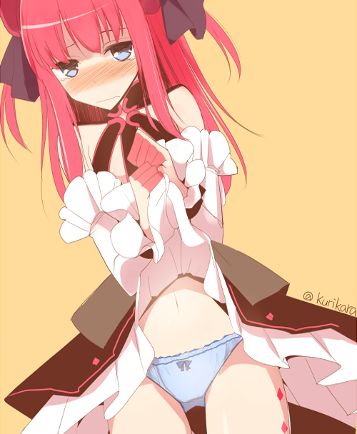1girl bare_shoulders blue_eyes blue_panties blush detached_sleeves dress dress_lift fate/extra fate/extra_ccc fate_(series) hair_ribbon kurikara lancer_(fate/extra_ccc) long_hair looking_at_viewer navel nose_blush panties pointy_ears redhead ribbon solo tareme tears twitter_username two_side_up underwear