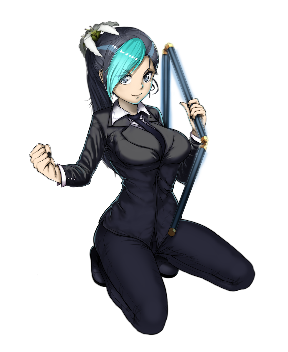 1girl alternate_breast_size aqua_hair between_breasts black_hair black_nails black_necktie black_shoes blue_eyes breasts clenched_hand closed_mouth english eyes_visible_through_hair flower formal full_body hair_flower hair_ornament hairclip highres holding_weapon japanese large_breasts lily_(flower) long_hair long_sleeves looking_at_viewer multicolored_hair nail_polish necktie onepunch_man pants ponytail revision sansetsukon_no_lily shoes smile solo squatting suit the_golden_smurf three_section_staff transparent_background two-tone_hair