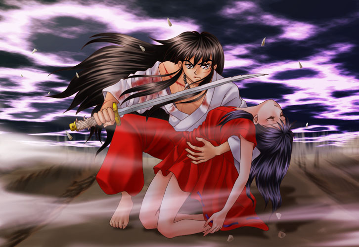 1boy 1girl artist_request baggy_pants bare_legs barefoot black_hair blood brown_hair closed_eyes floating_hair higurashi_kagome holding injury inuyasha inuyasha_(character) katana kneeling long_hair looking_at_viewer pants parted_lips red_pants serious sword unconscious weapon wind