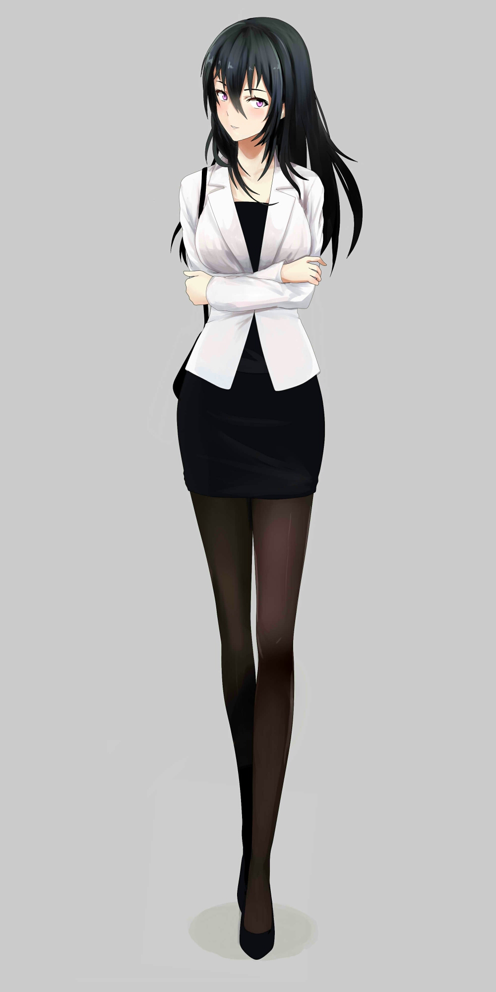 1girl beifeng_han black_hair black_legwear black_shirt breast_hold breasts full_body hair_between_eyes highres jacket long_hair looking_at_viewer miyaura_sanshio office_lady original pantyhose parted_lips pencil_skirt shirt simple_background skirt solo uniform violet_eyes white_jacket