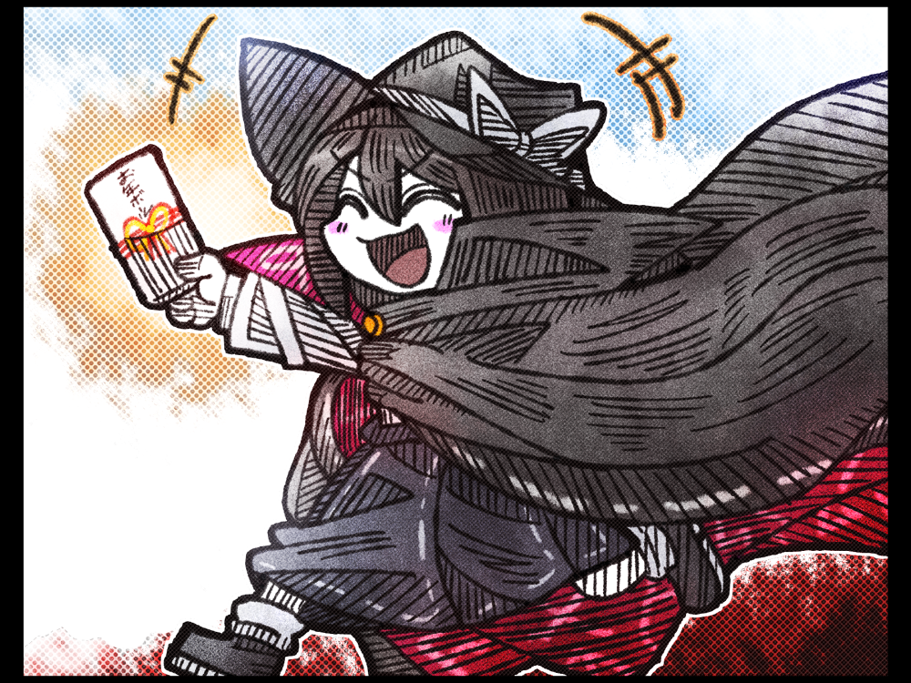 +++ 1girl black_border black_hair blush_stickers border bow cloak closed_eyes clothes_writing hair_between_eyes hat hat_bow high_collar laughing letter long_sleeves open_mouth running shoes skirt smile socks solo suenari_(peace) tagme touhou usami_renko usami_sumireko usami_sumireko_(cosplay) younger