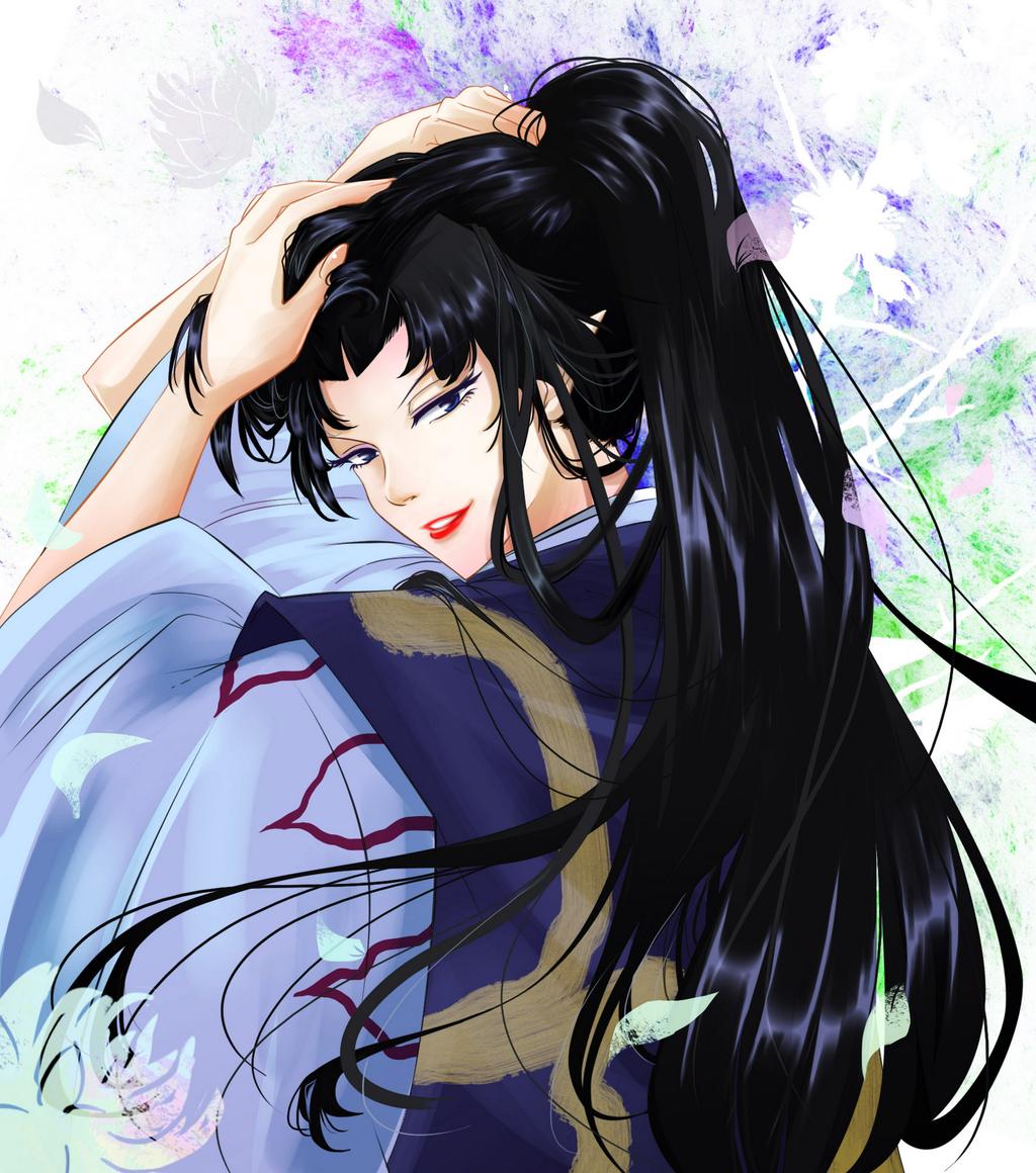 1boy 23annki androgynous bangs black_hair byakuya_(inuyasha) eyelashes hair_grab hairdressing high_ponytail inuyasha japanese_clothes lipstick long_hair looking_at_viewer looking_back makeup male_focus parted_bangs parted_lips ponytail red_lips red_lipstick solo upper_body very_long_hair wide_sleeves