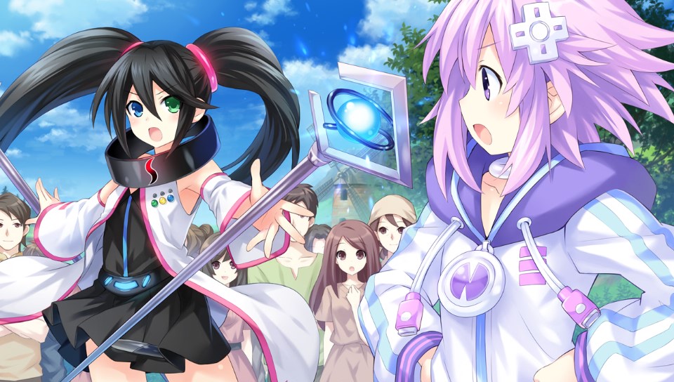 black_hair blue_eyes d-pad detached_sleeves game_cg game_console glowing green_eyes hair_ornament heterochromia long_hair multiple_girls neptune_(choujigen_game_neptune) neptune_(series) purple_hair sega_hard_girls sega_saturn_(sega_hard_girls) short_hair staff tsunako twintails violet_eyes