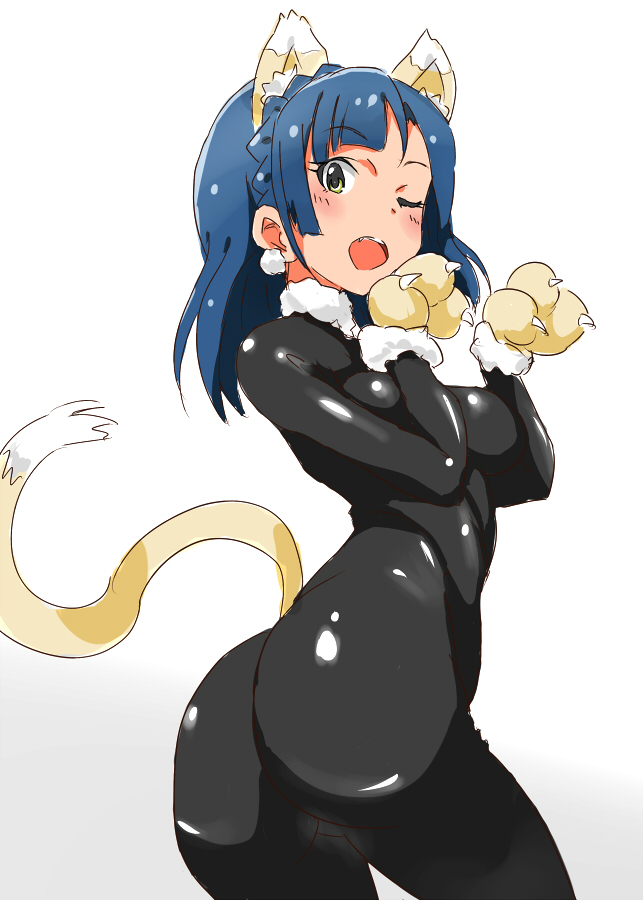 1girl ;d animal_ears ass blue_hair blush bodysuit breasts cat_ears cat_paws cat_tail earrings gradient gradient_background idolmaster idolmaster_million_live! jewelry long_hair looking_at_viewer m_mance nanao_yuriko one_eye_closed open_mouth paws smile solo tail teeth yellow_eyes