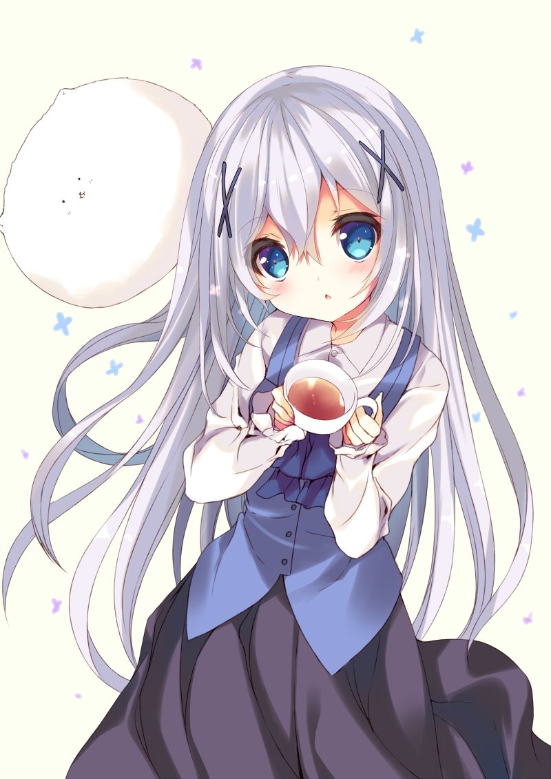 1girl angora_rabbit anima animal black_skirt blue_bow blue_vest blush bow buttons collared_shirt cowboy_shot cup drink eyelashes gochuumon_wa_usagi_desu_ka? hair_between_eyes holding_cup kafuu_chino liquid long_hair long_sleeves looking_at_viewer p19 parted_lips rabbit shirt silver_hair simple_background skirt tea teacup tippy_(gochuumon_wa_usagi_desuka?) triangle_mouth very_long_hair vest white_fur white_shirt yellow_background