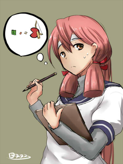 1girl akagi_(kantai_collection) akashi_(kantai_collection) bandana bow_(weapon) bullet clipboard drum_(container) hair_ribbon kantai_collection long_hair looking_at_viewer nawate_(dij) pac-man pac-man_(game) parody pen pink_hair quiver ribbon school_uniform serafuku solo_focus thinking tress_ribbon twintails weapon yellow_eyes